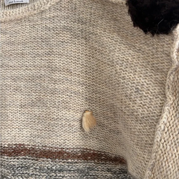 Vintage  Beige and Brown Striped Sweater with Rabbit Fur - Picture 2 of 3